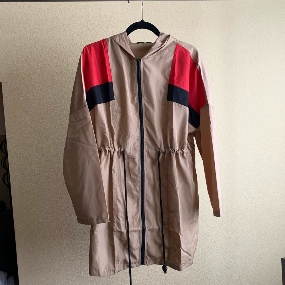 Tan Color Block Long Trench Jacket Windbreaker
